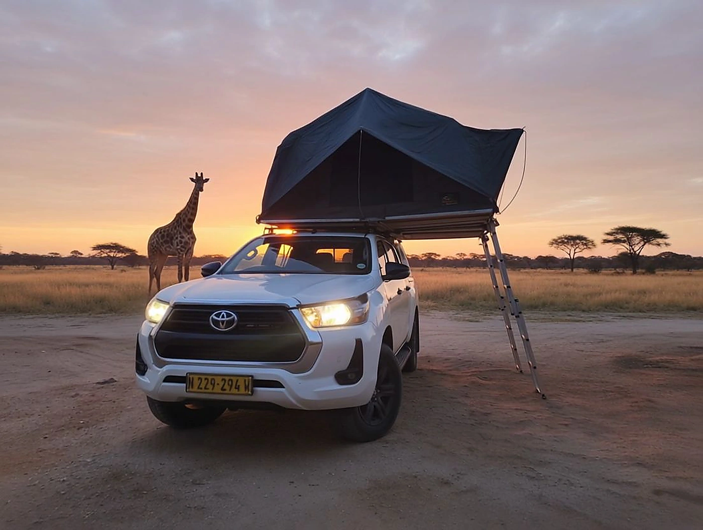 Toyota Hilux mit Dachzelt neben einer Giraffe in Namibia bei Sonnenuntergang