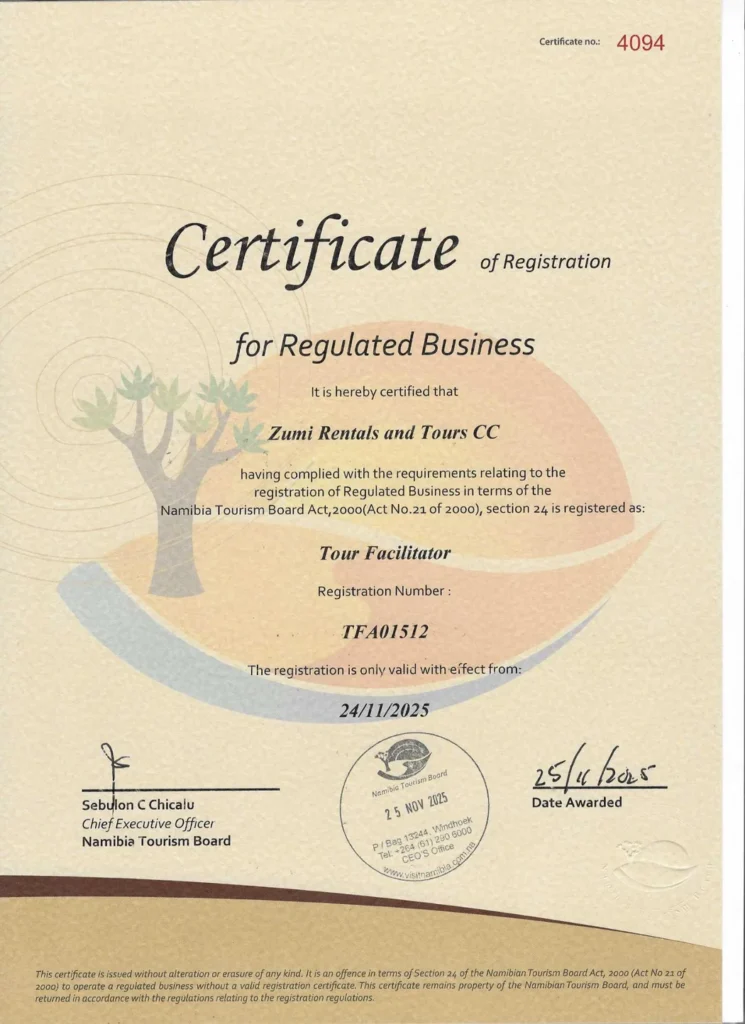 Certificato del Namibia Tourism Board che registra Zumi Rentals and Tours CC come organizzatore di servizi turistici