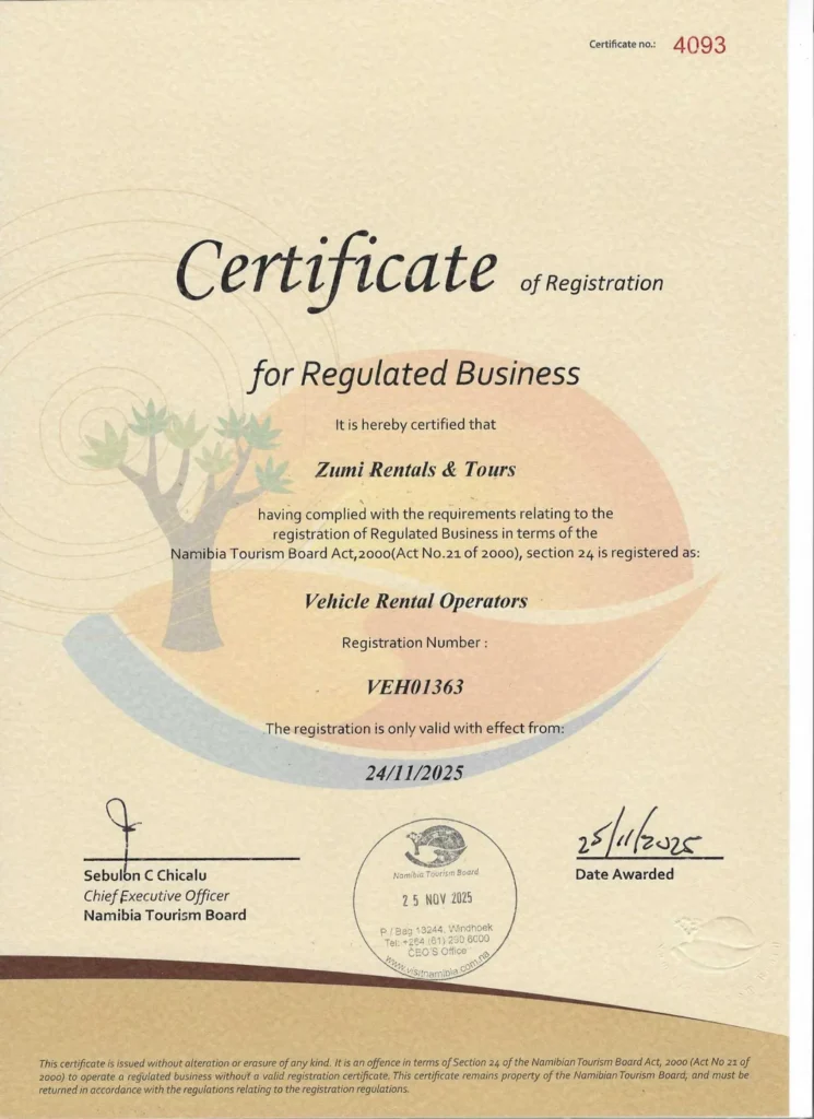Certificato del Namibia Tourism Board che registra Zumi Rentals and Tours come operatore di autonoleggio