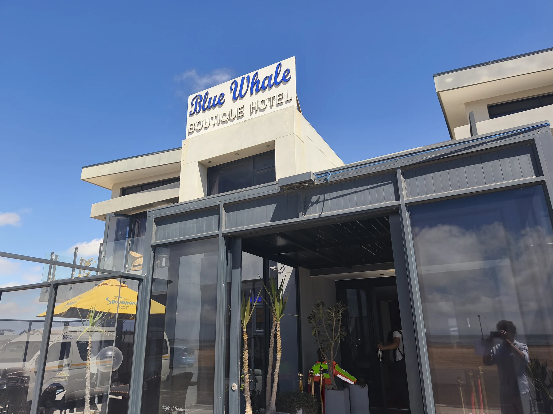 Blue Whale Boutique Hotel entrance sign in Walvis Bay