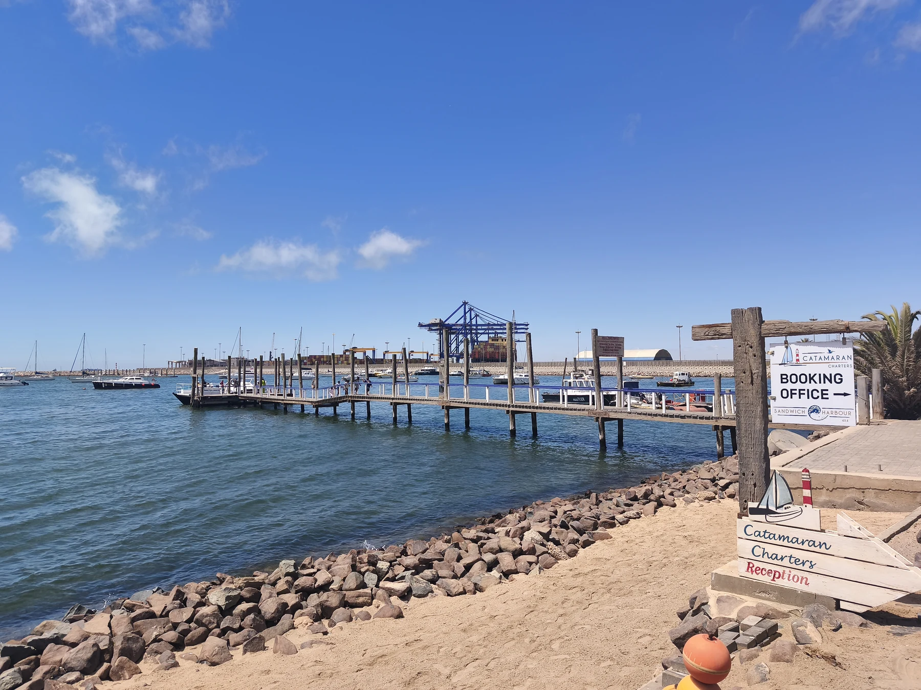 Walvis Bay waterfront and tour vessels before departure