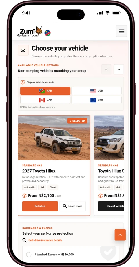 Zumi booking portal displayed on a burgundy iPhone, showing the vehicle selection interface